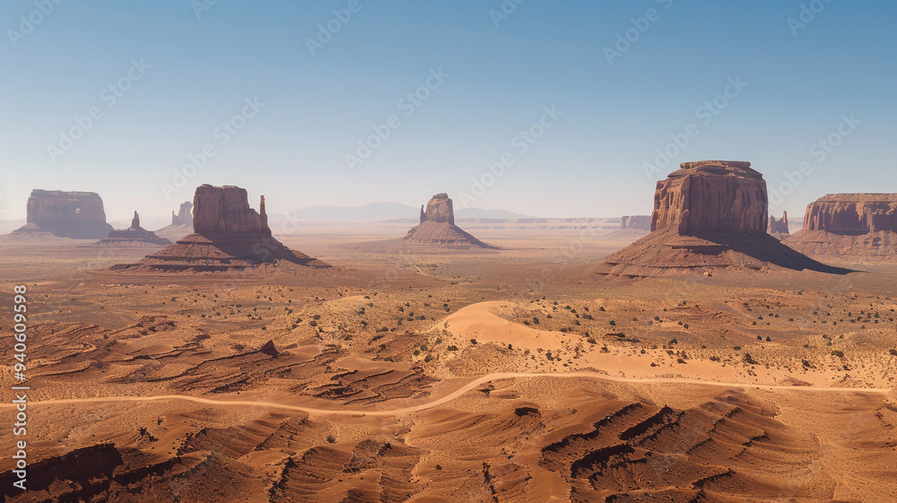 a desert with isolated mesas and buttes under a clear, blue sky