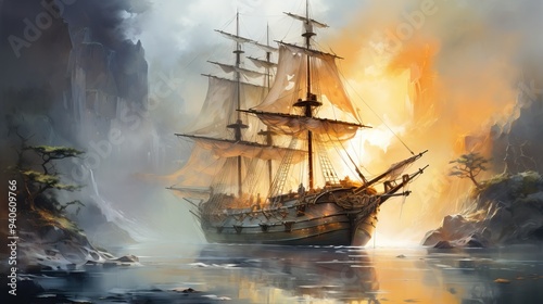 Wallpaper Mural A majestic sailing ship navigates through misty waters, illuminated by a vibrant sunset in a serene landscape. Torontodigital.ca