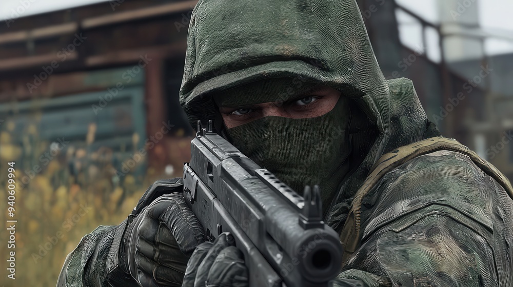 A masked soldier in camouflage gear aiming a rifle in a tactical stance, surrounded by an outdoor setting. A masked soldier in camouflage gear aiming a rifle in a tactical stance, surrounded by an outdoor setting.