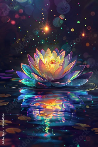 A glowing lotus flower with petals of various colors, floating above water in a dark space photo