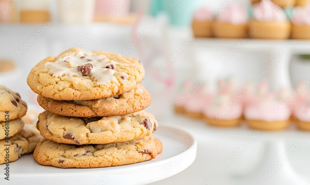 NY style cookies with both melted white and milk chocolate pieces a white kitchen counter, Generative AI NY style cookies with both melted white and milk chocolate pieces a white kitchen counter, Generative AI