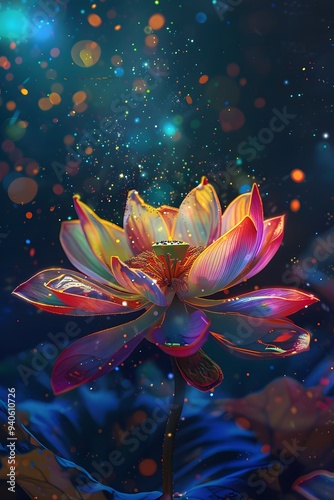 A glowing lotus flower with petals of various colors, floating above water in a dark space