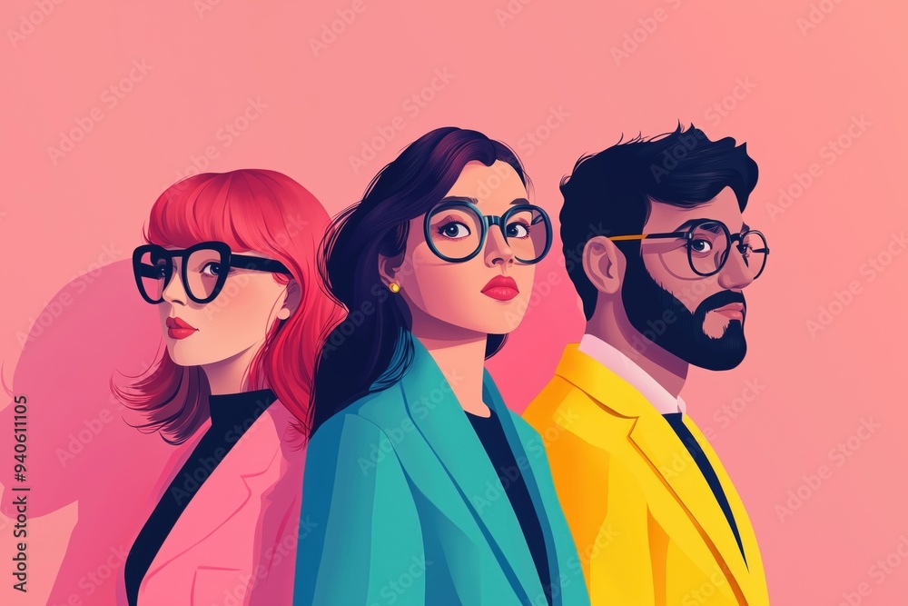 Stylized of Three Diverse Characters in Modern Casual Attire Stylized of Three Diverse Characters in Modern Casual Attire
