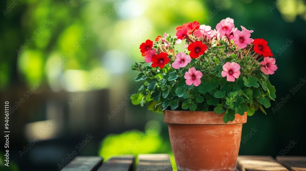 Beautiful geraniums in flowerpot outside. Beautiful geraniums in flowerpot outside.