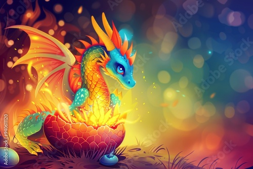 Fantasy Dragon Hatchling Emerging from Egg with Flames.
