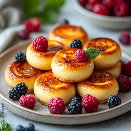 delicious cheesecakes on a light plate surrounded by berries photo