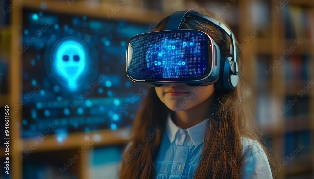 Classroom innovation featuring a school student wearing a VR headset, interacting with AI technology and machine learning, with a blue AI hologram and smart tech elements Classroom innovation featuring a school student wearing a VR headset, interacting with AI technology and machine learning, with a blue AI hologram and smart tech elements