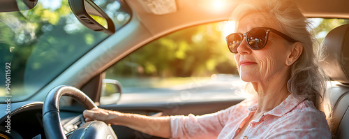 A senior woman wearing sunglasses drives confidently in her car on a sunny day. The warm sunlight casts a golden hue, highlighting her cool and independent spirit as she enjoys the drive alone. photo