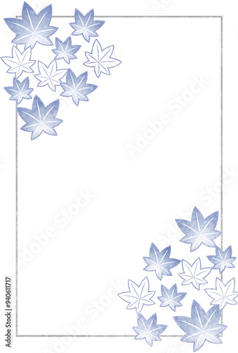 枠線つき喪中はがき、秋、紅葉、文様、和風、青、縦