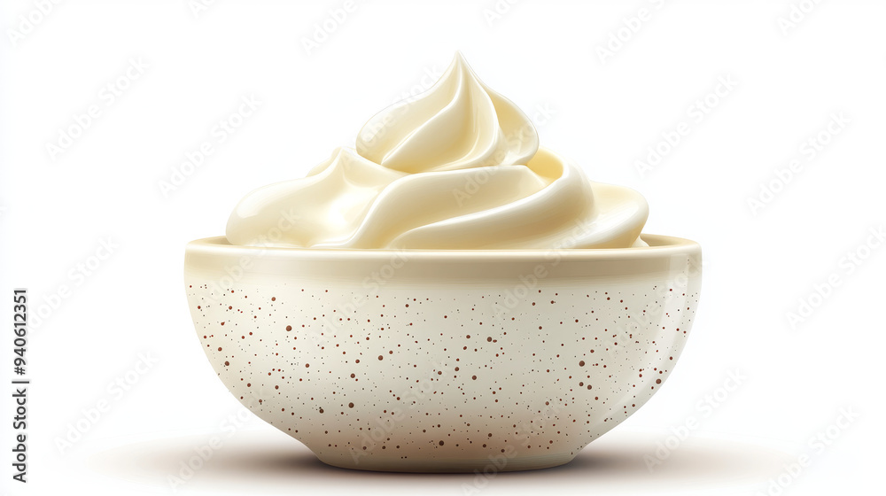 A small white ceramic bowl contains mayonnaise, cheese sauce, yogurt, or cream. This top-view, realistic vector set features a round porcelain dish with a homemade dip, isolated on a transparent backg A small white ceramic bowl contains mayonnaise, cheese sauce, yogurt, or cream. This top-view, realistic vector set features a round porcelain dish with a homemade dip, isolated on a transparent backg