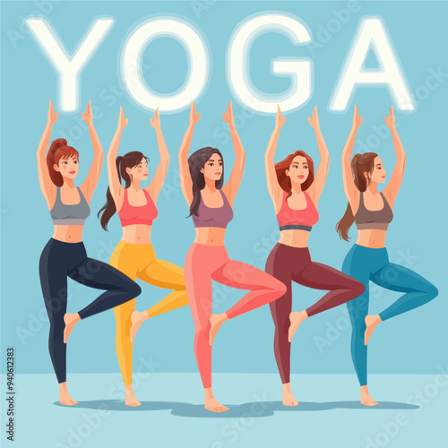 Yoga: A Group of Five Women in Yoga Poses