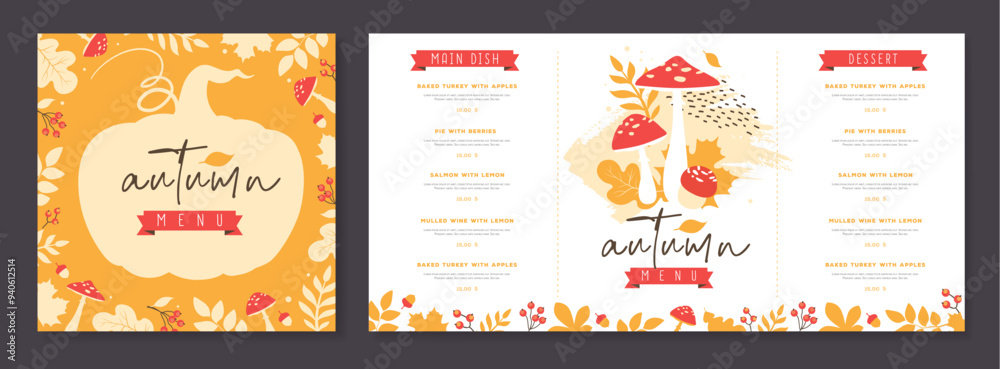 Obraz premium Seasonal Autumn menu design with autumn floral attributes. Vector illustration