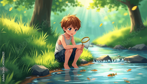Young Boy with Umbrella by Stream, Fishing, Nature, Outdoor, Leisure, Children, Adventure