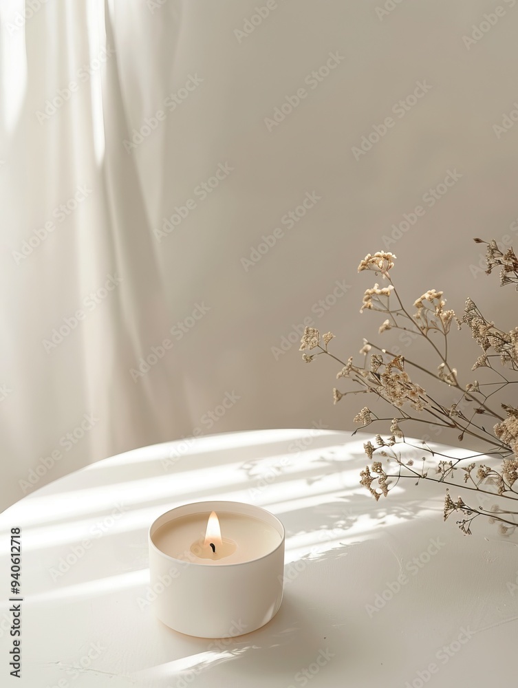 A serene composition of a lit candle beside delicate dried flowers, perfect for creating a calming ambiance in any space. A serene composition of a lit candle beside delicate dried flowers, perfect for creating a calming ambiance in any space.