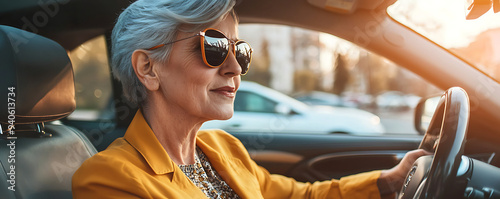 A senior woman wearing sunglasses drives confidently in her car on a sunny day. The warm sunlight casts a golden hue, highlighting her cool and independent spirit as she enjoys the drive alone. photo