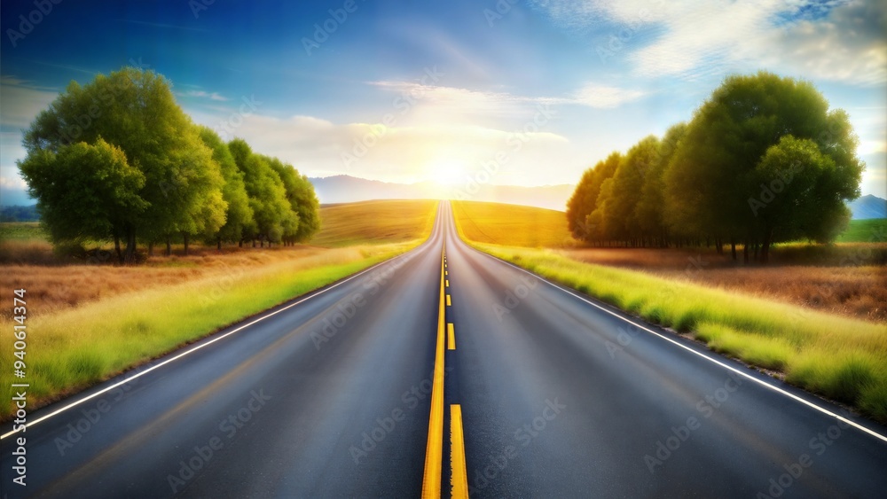 Empty countryside highway on a sunny summer day surrounded by greenery and trees, stretching towards the horizon under a clear sky Empty countryside highway on a sunny summer day surrounded by greenery and trees, stretching towards the horizon under a clear sky