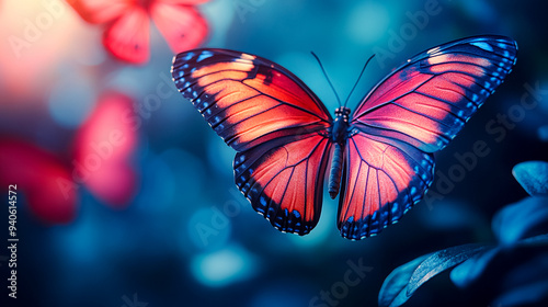 A butterfly with orange and blue wings is flying in the air