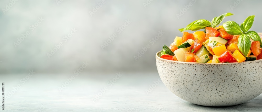 A white countertop holds a bowl filled with various vegetables The bowl sits next to a gray wall A white countertop holds a bowl filled with various vegetables The bowl sits next to a gray wall