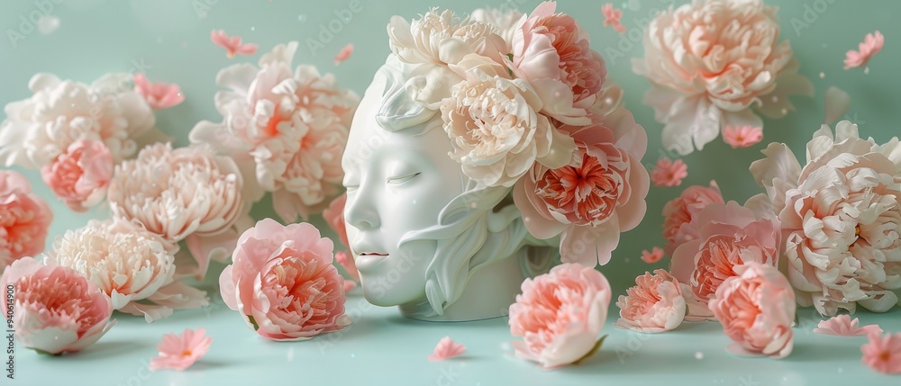 A serene white marble head is surrounded by delicate pink peonies during a restful moment in nature A serene white marble head is surrounded by delicate pink peonies during a restful moment in nature
