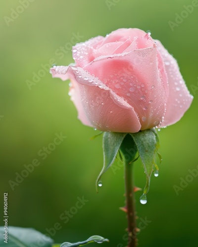 Close-up of a pink rose with dew drops on its petals, standing against a blurred green background, showcasing nature's delicate beauty.