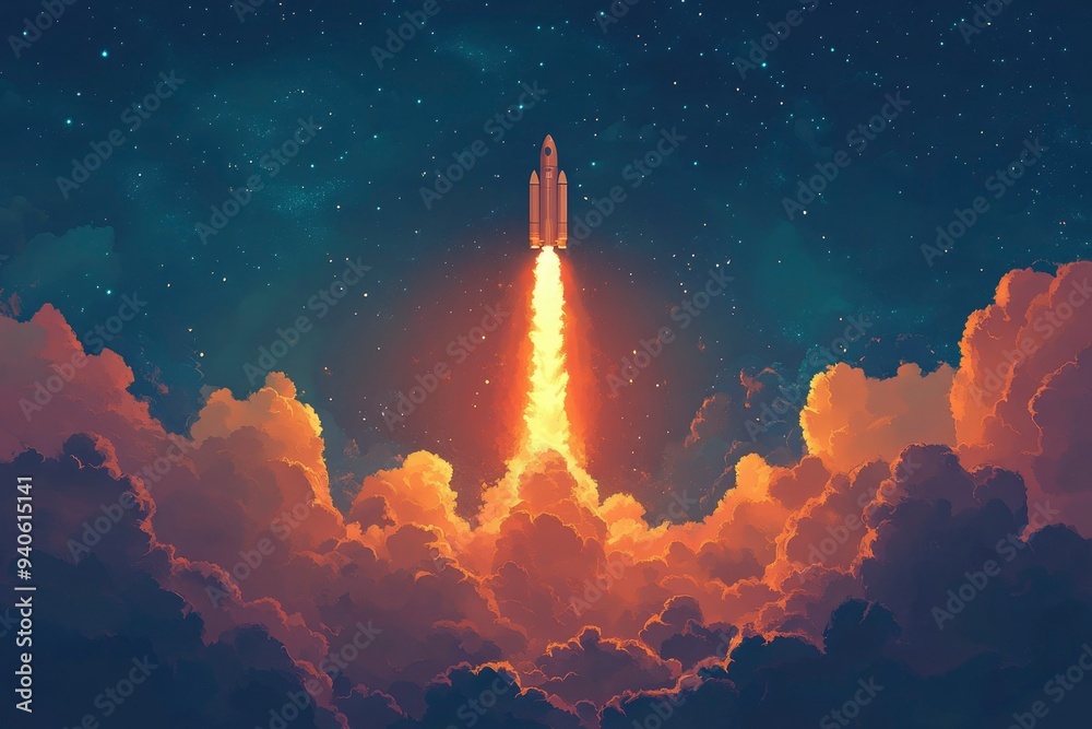 Obraz premium Rocket Launch Through Orange Clouds Against a Starry Night Sky