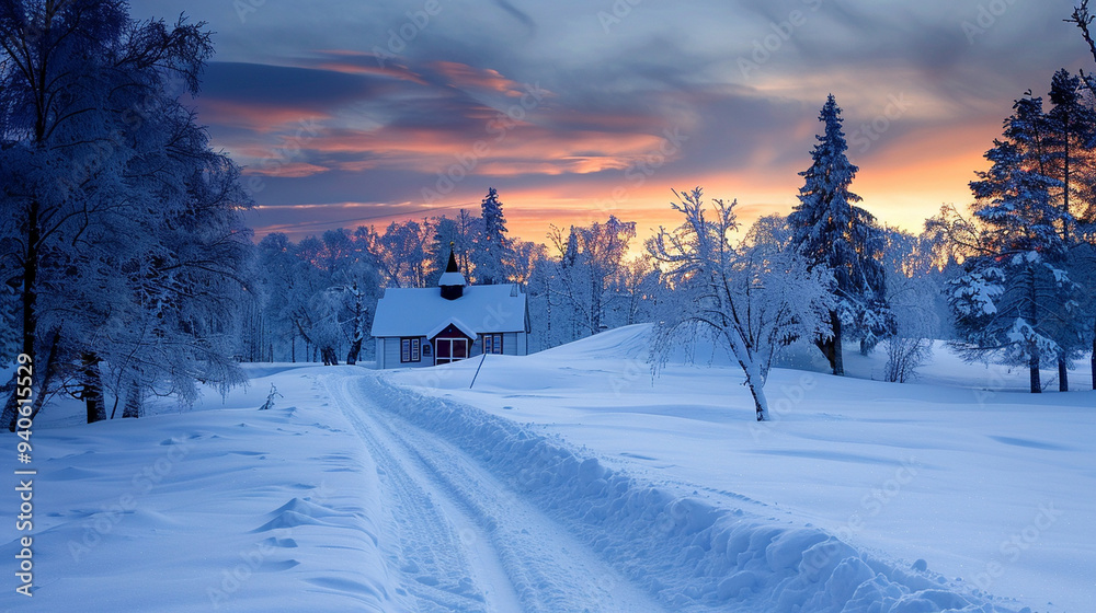 A peaceful, snow-covered landscape at dusk on Christmas Eve, with a small chapel in the distance A peaceful, snow-covered landscape at dusk on Christmas Eve, with a small chapel in the distance