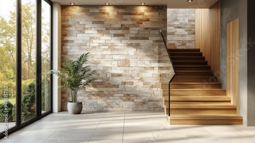 Wallpaper Mural Wooden staircase and stone cladding wall in rustic hallway. Cozy home interior design of modern entrance hall with door Torontodigital.ca