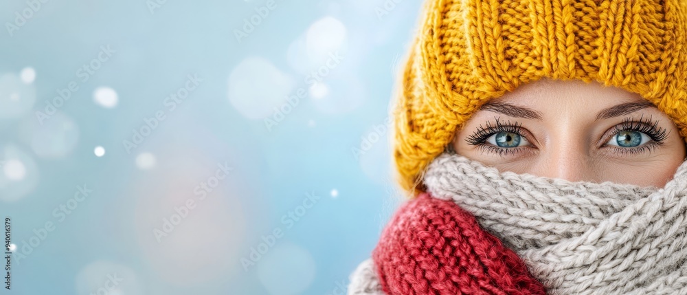 A woman dons a knitted scarf and hat; the neck adorned with a red-and-white scarf A woman dons a knitted scarf and hat; the neck adorned with a red-and-white scarf