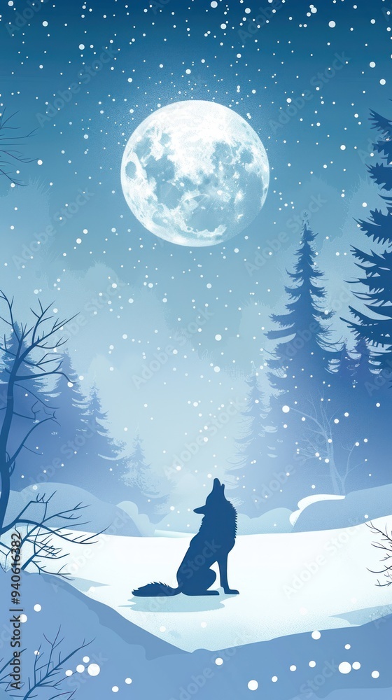 Wolf Howling at the Moon in Snowy Forest.
