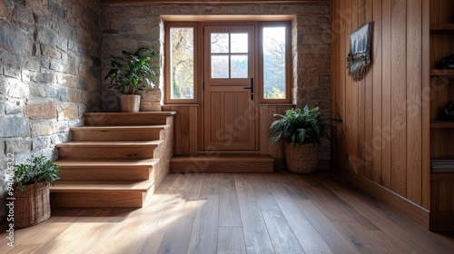 Wooden staircase and stone cladding wall in rustic hallway. Cozy home interior design of modern entrance hall with door