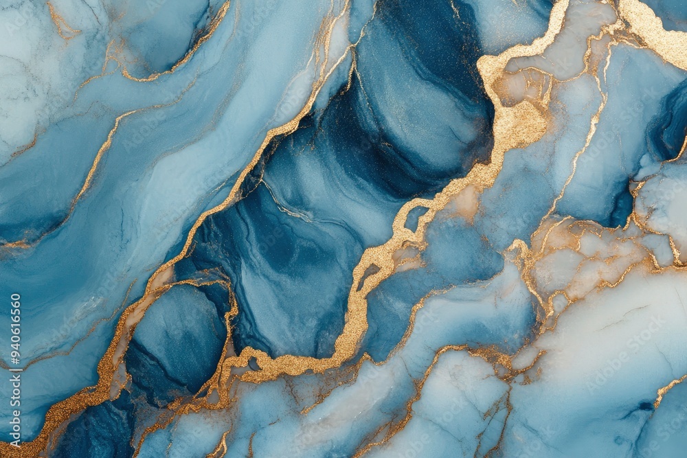 Fototapeta premium Processed collage of luxurious ocean blue and gold ink marble texture. Background for banner, backdrop or texture for 3D mapping , ai