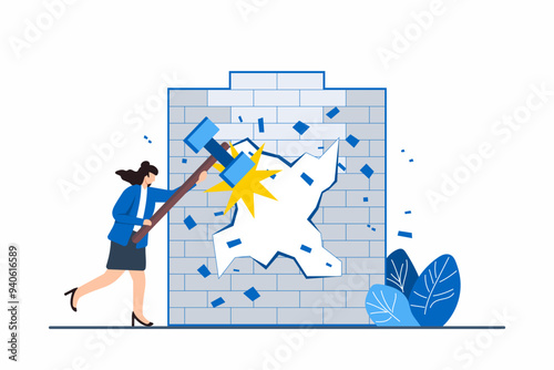 Flat illustration of woman breaking through wall with sledgehammer symbolizing overcoming barriers to new opportunities