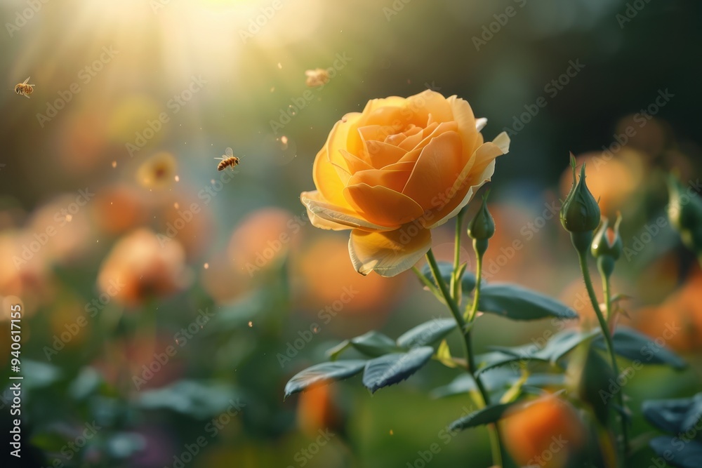 Obraz premium Beautiful close-up of a vibrant orange rose bathed in warm sunlight, with a soft background of additional roses in full bloom and hovering bees.