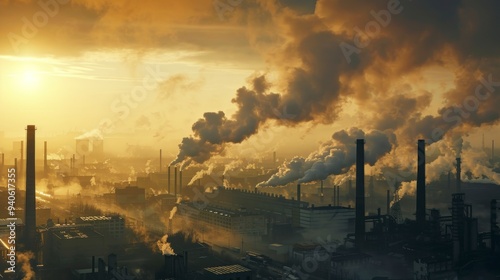 Industrial chimneys emit smoke causing occupational pollution.