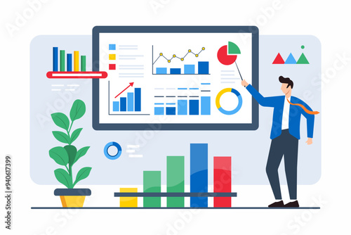 Flat illustration of man analyzing market trends through data visualization for strategic planning