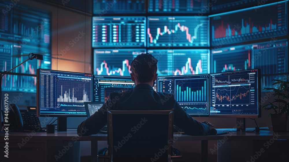 A professional forex trader desk. Multiple monitors display various forex charts and data, including bar charts and line graphs. A trader is seated at the desk, analyzing the screens intently. A professional forex trader desk. Multiple monitors display various forex charts and data, including bar charts and line graphs. A trader is seated at the desk, analyzing the screens intently.