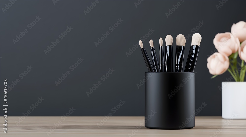 Modern office brush holder, sleek design with metallic accents, neatly arranged brushes on a wooden desk, elegant and practical decor, minimalistic style Modern office brush holder, sleek design with metallic accents, neatly arranged brushes on a wooden desk, elegant and practical decor, minimalistic style