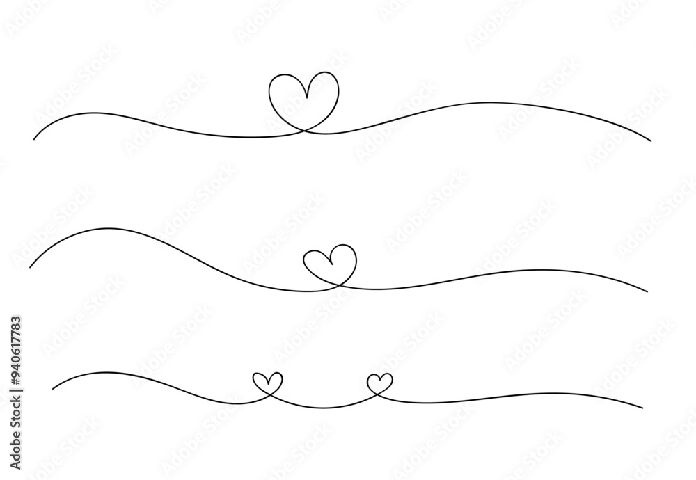 Collection set of vector black hand drawn doodle heart line art banner. Continuous drawing of heart love and color shape love sign. Collection set of vector black hand drawn doodle heart line art banner. Continuous drawing of heart love and color shape love sign.