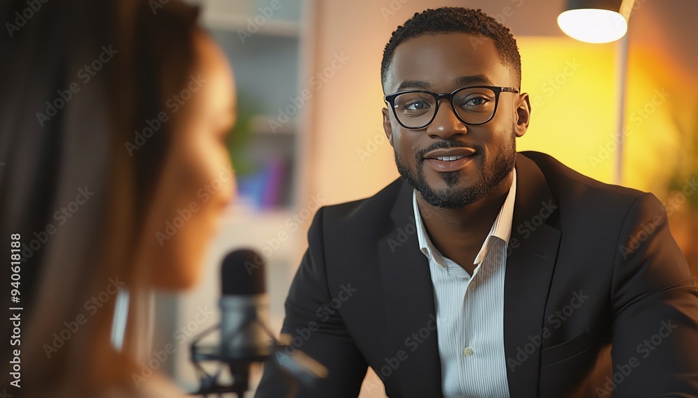 Medium shot of an African American man in glasses and a black suit engaging in a conversation with an unrecognizable female guest at a podcast recording table in a studio