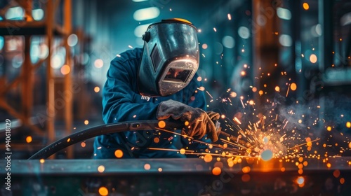 Welding and grinding in workshop, sparks flying, protective gear.