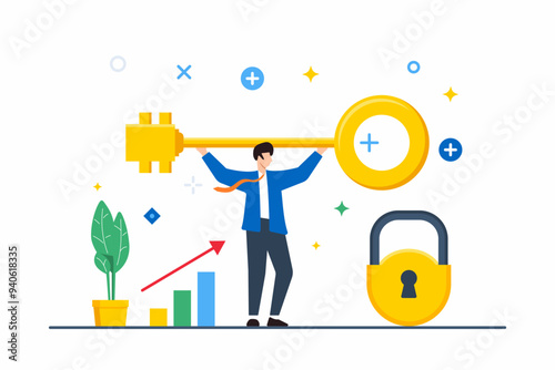 Flat illustration of man unlocking potential with golden key in business success scenario