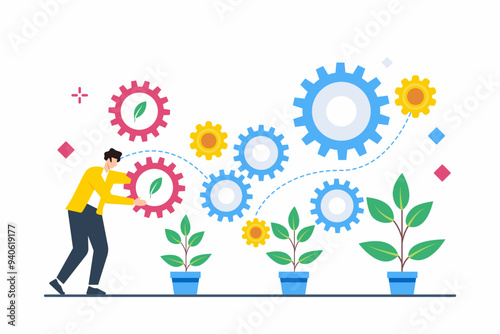 Flat illustration of individual planting seeds in gear-shaped garden symbolizing sustainable growth and productivity