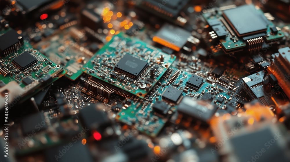 Close-Up of Electronic Circuit Boards in E-Waste. Close-up image of various circuit boards, illustrating the problem of e-waste and the need for effective recycling solutions. Close-Up of Electronic Circuit Boards in E-Waste. Close-up image of various circuit boards, illustrating the problem of e-waste and the need for effective recycling solutions.