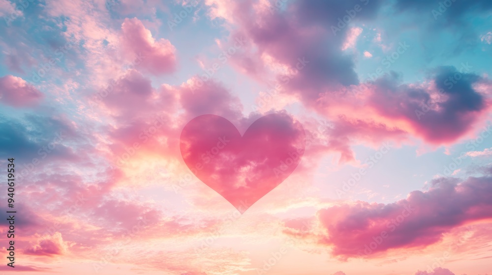 Magical Pastel Sunset Sky with Heart Shaped Clouds for Valentine's Day Generative AI Magical Pastel Sunset Sky with Heart Shaped Clouds for Valentine's Day Generative AI