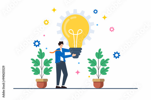 Flat illustration of person holding giant lightbulb symbolizing innovative idea and creative thinking