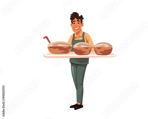 male baker with loaves of freshly baked bread on white background