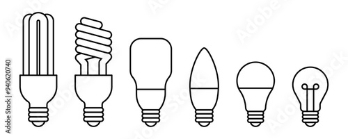 Light bulb black line icons set on white background. Idea symbol. Electric lamp, light, innovation, solution, creative thinking, electricity. Outline, flat and colored style. Flat design.
