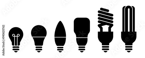 Light bulb black line icons set on white background. Idea symbol. Electric lamp, light, innovation, solution, creative thinking, electricity. Outline, flat and colored style. Flat design.