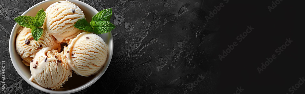Delicious Vanilla Ice Cream Scoops with Mint Leaves in a Bowl on Dark Background Delicious Vanilla Ice Cream Scoops with Mint Leaves in a Bowl on Dark Background