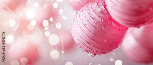  A tight shot of a pink ornament, bejeweled with water droplets, against a backdrop of twinkling lights photo